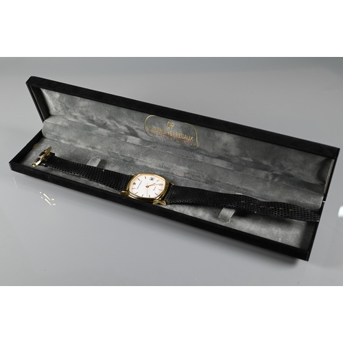 327 - A gents Grand Girard Perregaux yellow metal cased wristwatch, white hexagonal shaped dial with baton... 