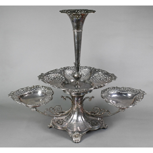 1 - A large Sheraton Revival electroplated epergne with trumpet vase rising from a pierced elliptical bo... 