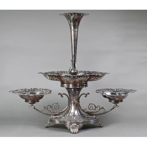 1 - A large Sheraton Revival electroplated epergne with trumpet vase rising from a pierced elliptical bo... 