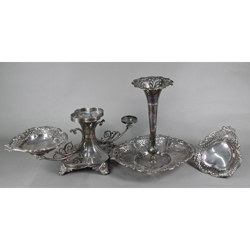 1 - A large Sheraton Revival electroplated epergne with trumpet vase rising from a pierced elliptical bo... 