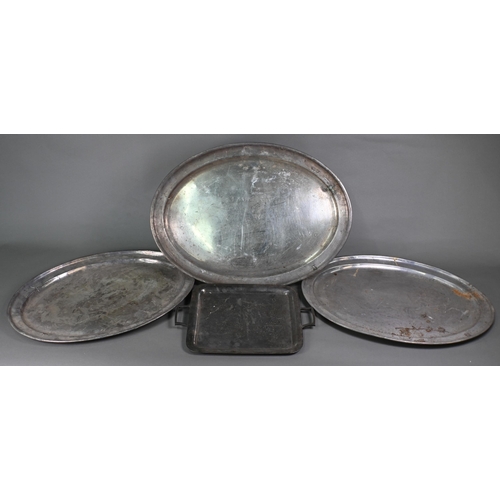 11 - Three large Elkington Plate oval serving platters, to/w a Harrods EPNS two-handled tray (4)