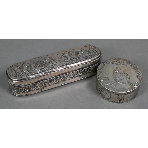 111 - An antique Continental silver oval snuff box embossed with cherubs, putti and rococo scrolls, London... 