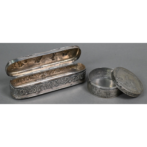 111 - An antique Continental silver oval snuff box embossed with cherubs, putti and rococo scrolls, London... 