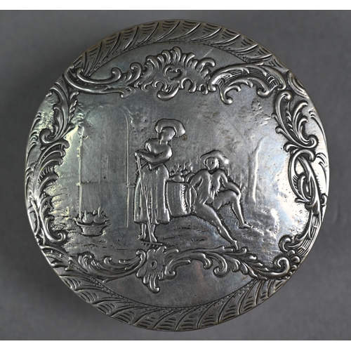 111 - An antique Continental silver oval snuff box embossed with cherubs, putti and rococo scrolls, London... 