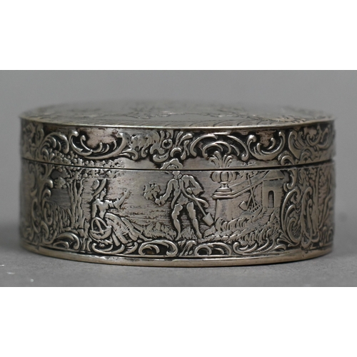 111 - An antique Continental silver oval snuff box embossed with cherubs, putti and rococo scrolls, London... 