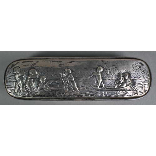 111 - An antique Continental silver oval snuff box embossed with cherubs, putti and rococo scrolls, London... 