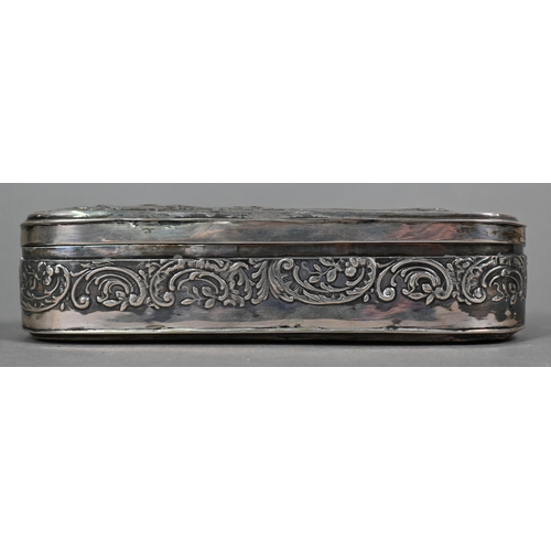 111 - An antique Continental silver oval snuff box embossed with cherubs, putti and rococo scrolls, London... 