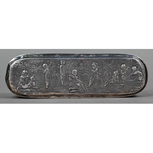 111 - An antique Continental silver oval snuff box embossed with cherubs, putti and rococo scrolls, London... 