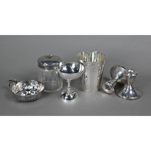 12 - Various silver oddments, including brushes and mirror, candlesticks and manicure part set, to/w elec... 