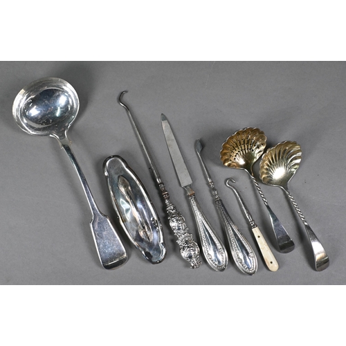 12 - Various silver oddments, including brushes and mirror, candlesticks and manicure part set, to/w elec... 