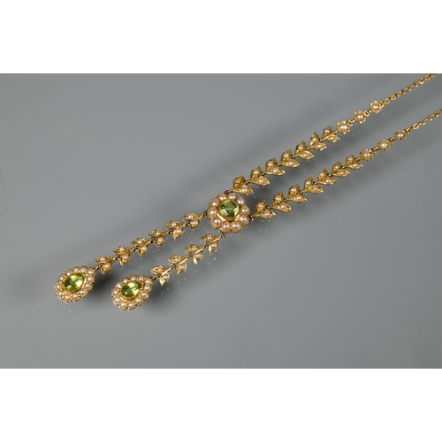169 - An Edwardian 15ct yellow gold necklace set seed pearls and peridot and seed pearl clusters