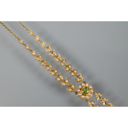 169 - An Edwardian 15ct yellow gold necklace set seed pearls and peridot and seed pearl clusters