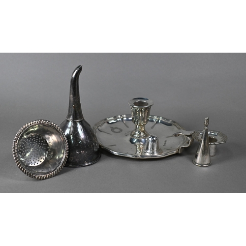 17 - A large antique silver plated salver on three shell feet, 36cm diameter, a chamberstick with conical... 