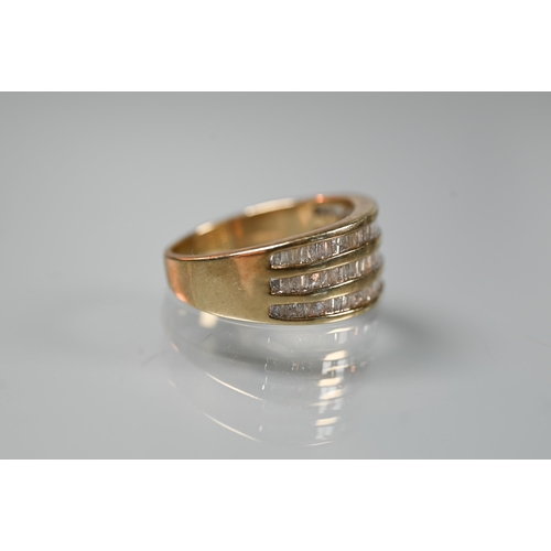 197 - A 9ct yellow gold ring set three rows of channel set diamonds, size O; a 9ct yellow gold signet ring... 