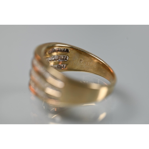 197 - A 9ct yellow gold ring set three rows of channel set diamonds, size O; a 9ct yellow gold signet ring... 