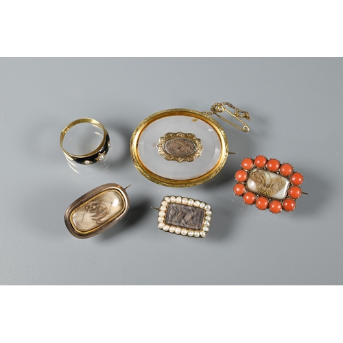 200 - A collection of mourning jewellery including oval chalcedony and hairwork brooch, coral and hairwork... 