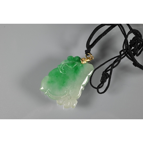 201 - Two carved jade pendants, one in the form of a Buddha, the other a fish and lotus leaf, a jade round... 