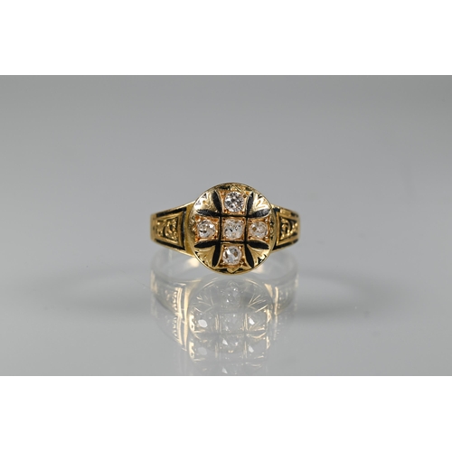 207 - A Victorian 18ct yellow gold mourning ring with black enamelled detailing and central cross set with... 