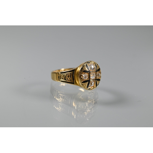 207 - A Victorian 18ct yellow gold mourning ring with black enamelled detailing and central cross set with... 