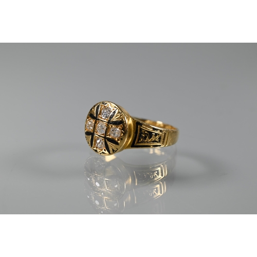 207 - A Victorian 18ct yellow gold mourning ring with black enamelled detailing and central cross set with... 