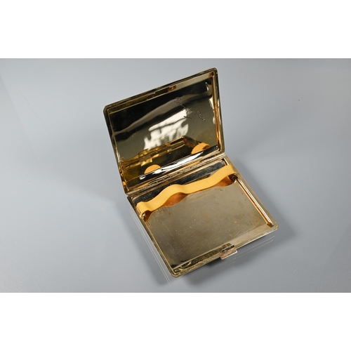 215 - A 9ct yellow gold cigarette case with engine turned decoration, applied monogram JMC and engraved wi... 