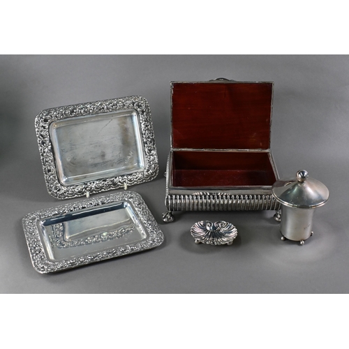 22 - A Spanish white metal cigar box and two rectangular trays, labeled 'Plata de Ley', a Spanish silver ... 