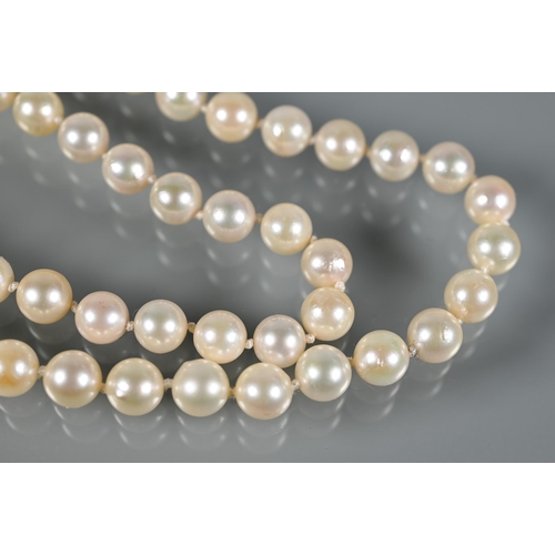 229 - A row of uniform cultured Akoya pearls 93 cm long knotted throughout onto Art Deco style sapphire an... 