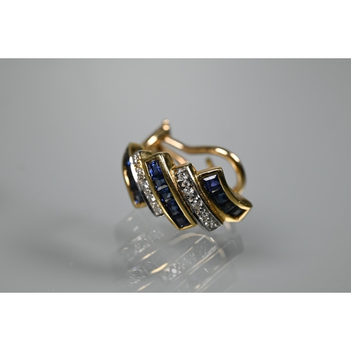 236 - A pair of half hoop earrings set chanel set blue sapphires and diamonds, yellow and white metal set ... 