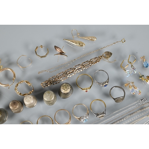 239 - A collection of various old gold items, approx 7g to/w stone set rings, silver jewellery, thimbles e... 