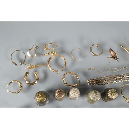 239 - A collection of various old gold items, approx 7g to/w stone set rings, silver jewellery, thimbles e... 