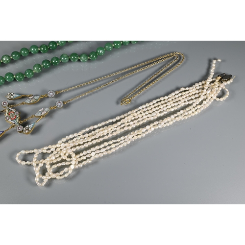 244 - A row of uniform jade beads, knotted onto yellow metal clasp marked silver; an Italian micro mosaic ... 