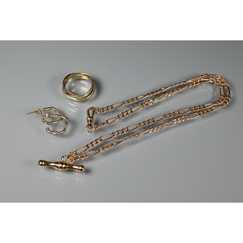 248 - A modern 9ct rose gold Albert belcher chain with swivel and bar attached, a 9ct tri-colour gold twis... 