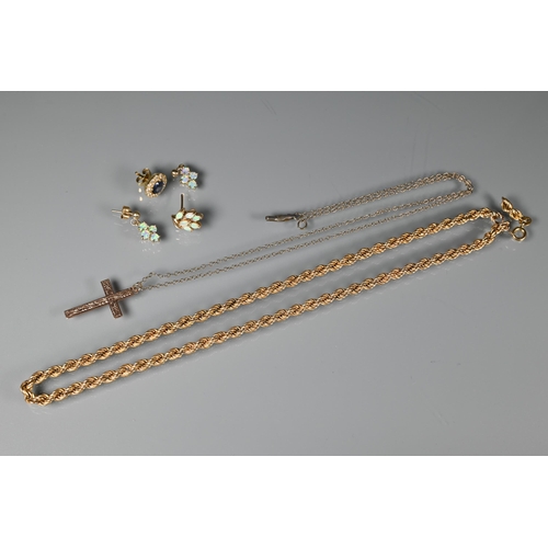 249 - A yellow metal rope twist length of chain, stamped 375, a cross stamped 9ct, and part earrings etc a... 