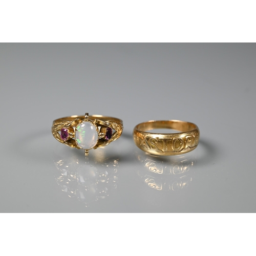 250 - An 18ct yellow gold ring 'Astore', size I to/w an antique opal and garnet ring, size M 1/2 (2)