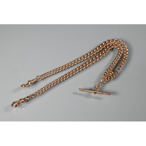 256 - A 9ct rose gold double Albert watch chain with two swivels and bar, 42 cm long, approx 44.7g