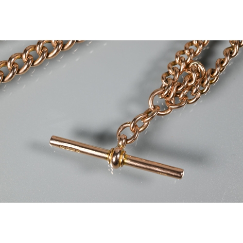 256 - A 9ct rose gold double Albert watch chain with two swivels and bar, 42 cm long, approx 44.7g