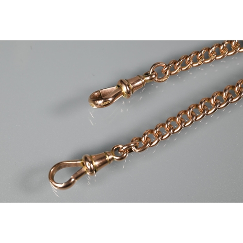 256 - A 9ct rose gold double Albert watch chain with two swivels and bar, 42 cm long, approx 44.7g