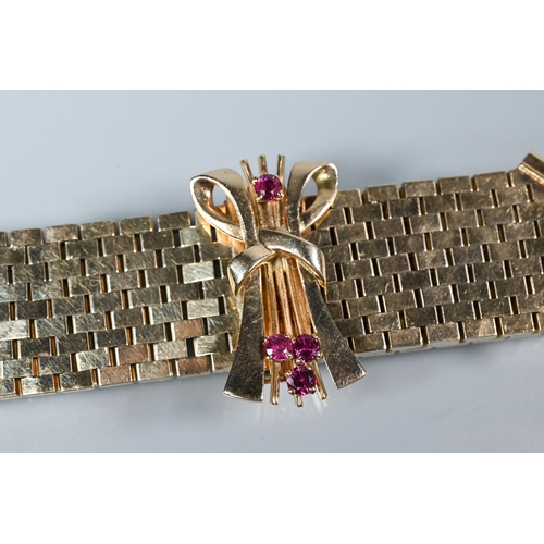 268 - A 1960s 9ct yellow gold brick link bracelet, with ruby set centrepiece, Birmingham 1962, maker JR, a... 