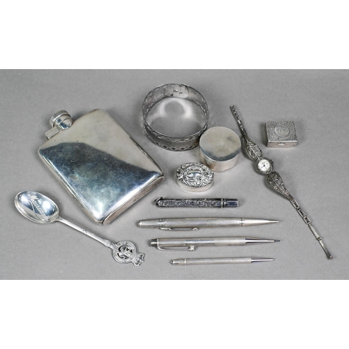 27 - Various oddments of silver, including hip flask, Birmingham 1929, Cunard 'Mauritania' souvenir teasp... 