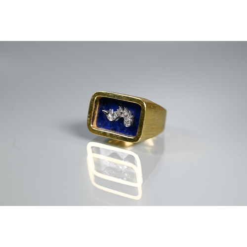 292 - Andrew Grima (1921-2007) - An 18ct textured and bloomed ring with lapis lazuli plaque with diamond-s... 