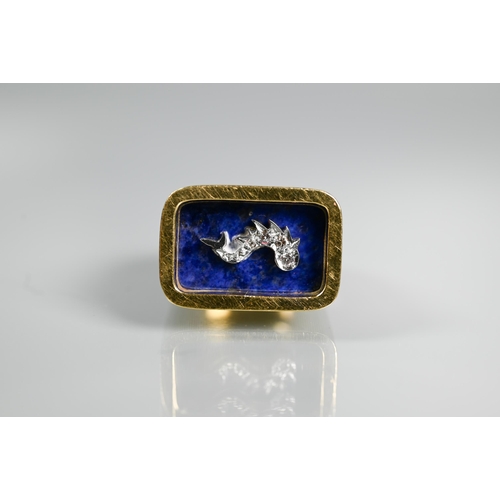 292 - Andrew Grima (1921-2007) - An 18ct textured and bloomed ring with lapis lazuli plaque with diamond-s... 