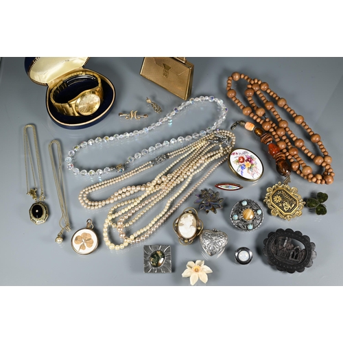 294 - Mixed jewellery including two cased double rows of pearls, gilt metal Seiko watch, compact, 'M' bar ... 