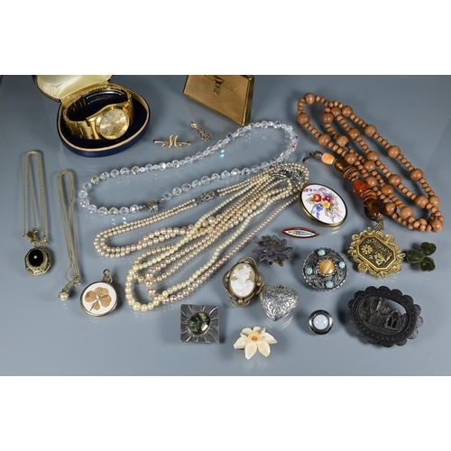 294 - Mixed jewellery including two cased double rows of pearls, gilt metal Seiko watch, compact, 'M' bar ... 