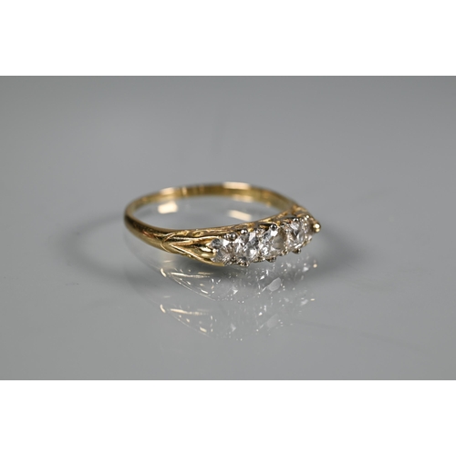 296 - A five stone diamond ring, the graduated old cut diamonds set unmarked yellow metal, size O; a three... 