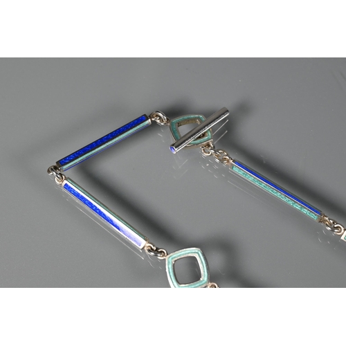 299 - Rachel Gogerly - A silver and blue and turquoise enamel double-sided necklace formed of rods and squ... 