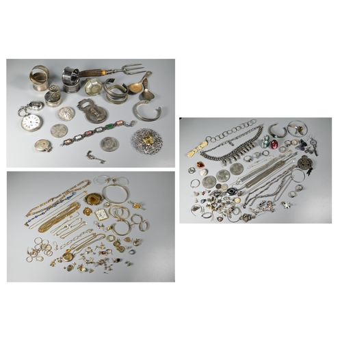 302A - A collection of gilt metal and yellow metal jewellery items including earrings, chains etc, white me... 