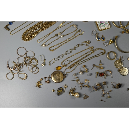 302A - A collection of gilt metal and yellow metal jewellery items including earrings, chains etc, white me... 