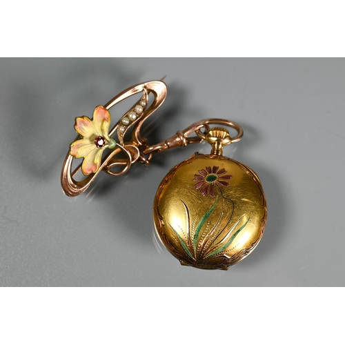 304 - A Edwardian fob watch with enamelled flower to reverse, cream enamel dial with fancy hands and Arabi... 