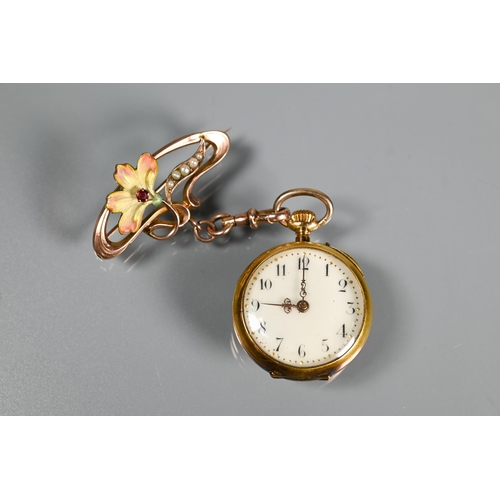 304 - A Edwardian fob watch with enamelled flower to reverse, cream enamel dial with fancy hands and Arabi... 