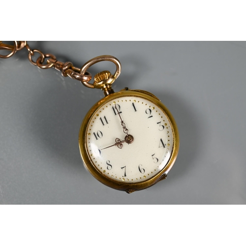 304 - A Edwardian fob watch with enamelled flower to reverse, cream enamel dial with fancy hands and Arabi... 